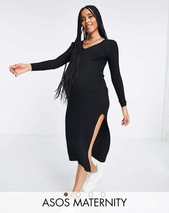 ASOS DESIGN Maternity knitted dress with v neck in rib in black