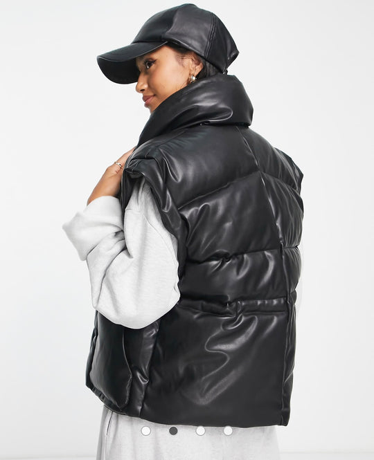 Missguided Petite faux leather puffer gilet in black