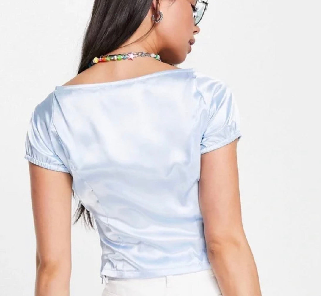 ASOS DESIGN 90s capped sleeve top with corset detail in icy blue