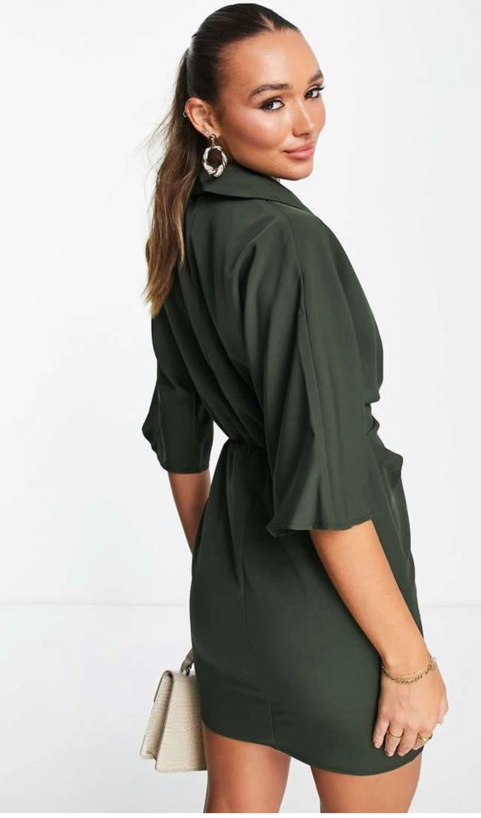 ASOS DESIGN collared wrap front batwing mini dress in khaki