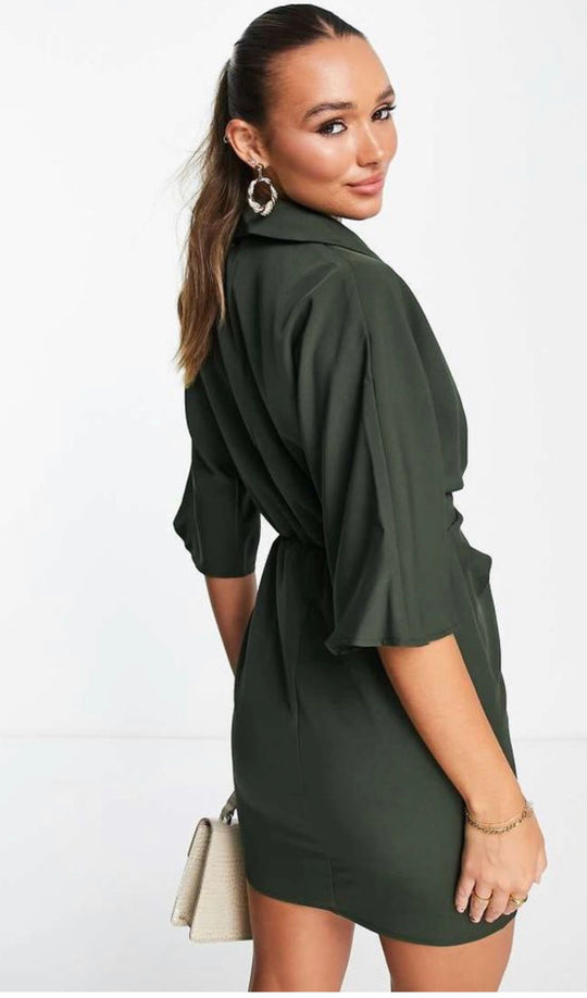 ASOS DESIGN collared wrap front batwing mini dress in khaki
