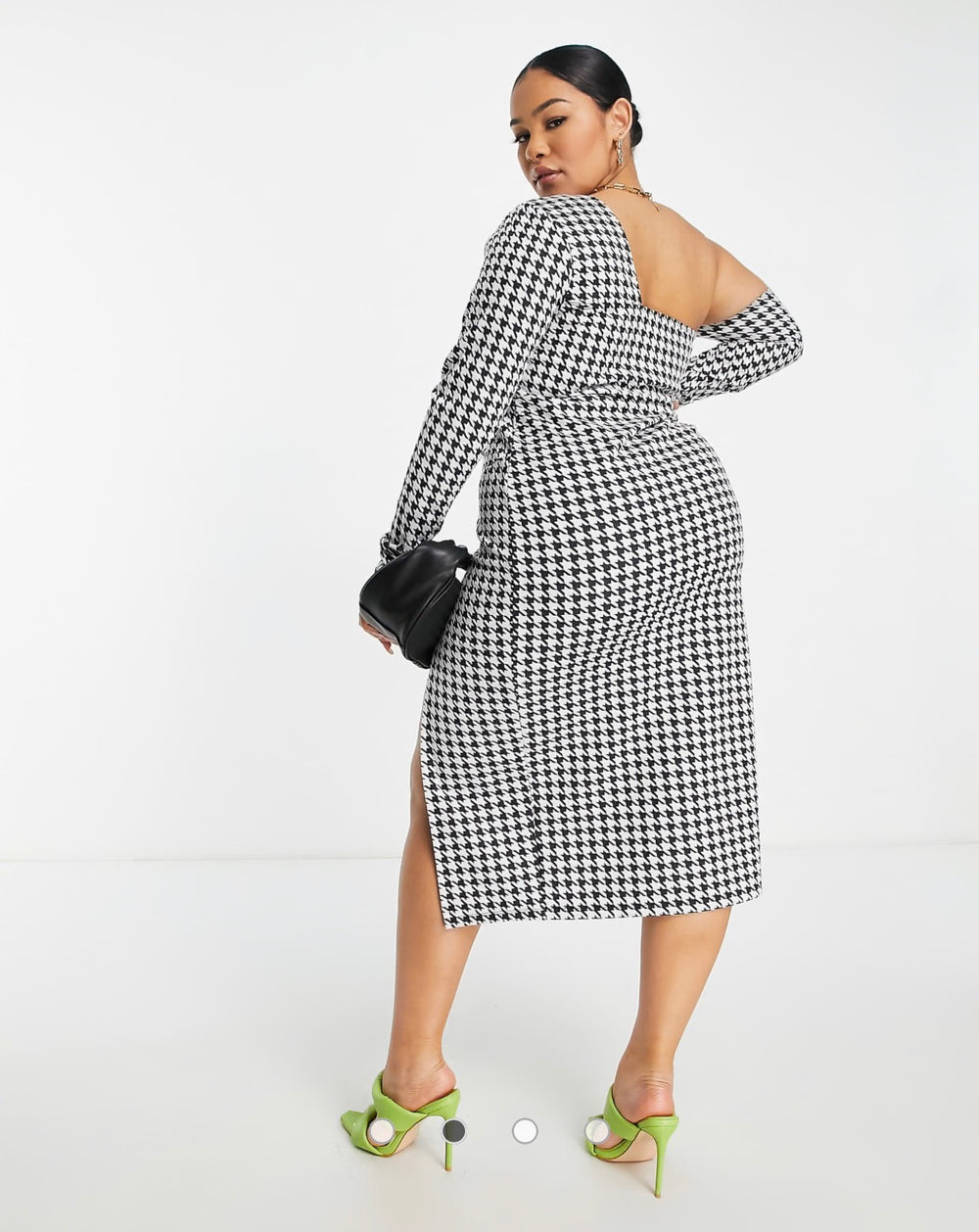 ASOS DESIGN Curve one shoulder long sleeve midi dress with split in mono dogtooth