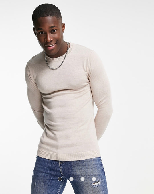 ASOS DESIGN muscle fit merino wool crew neck jumper in oatmeal marl