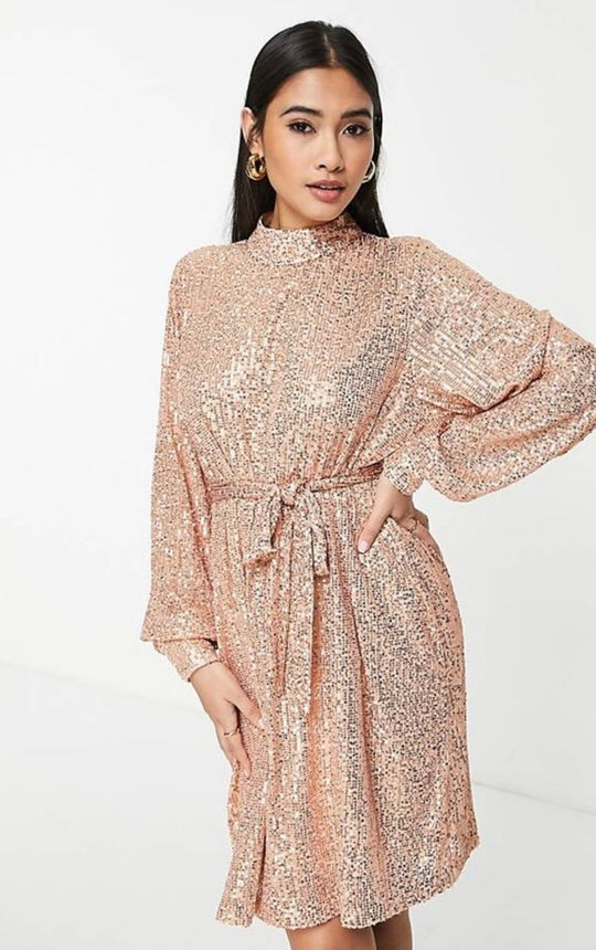 Pretty Lavish sequin balloon sleeve mini dress in Rose Gold