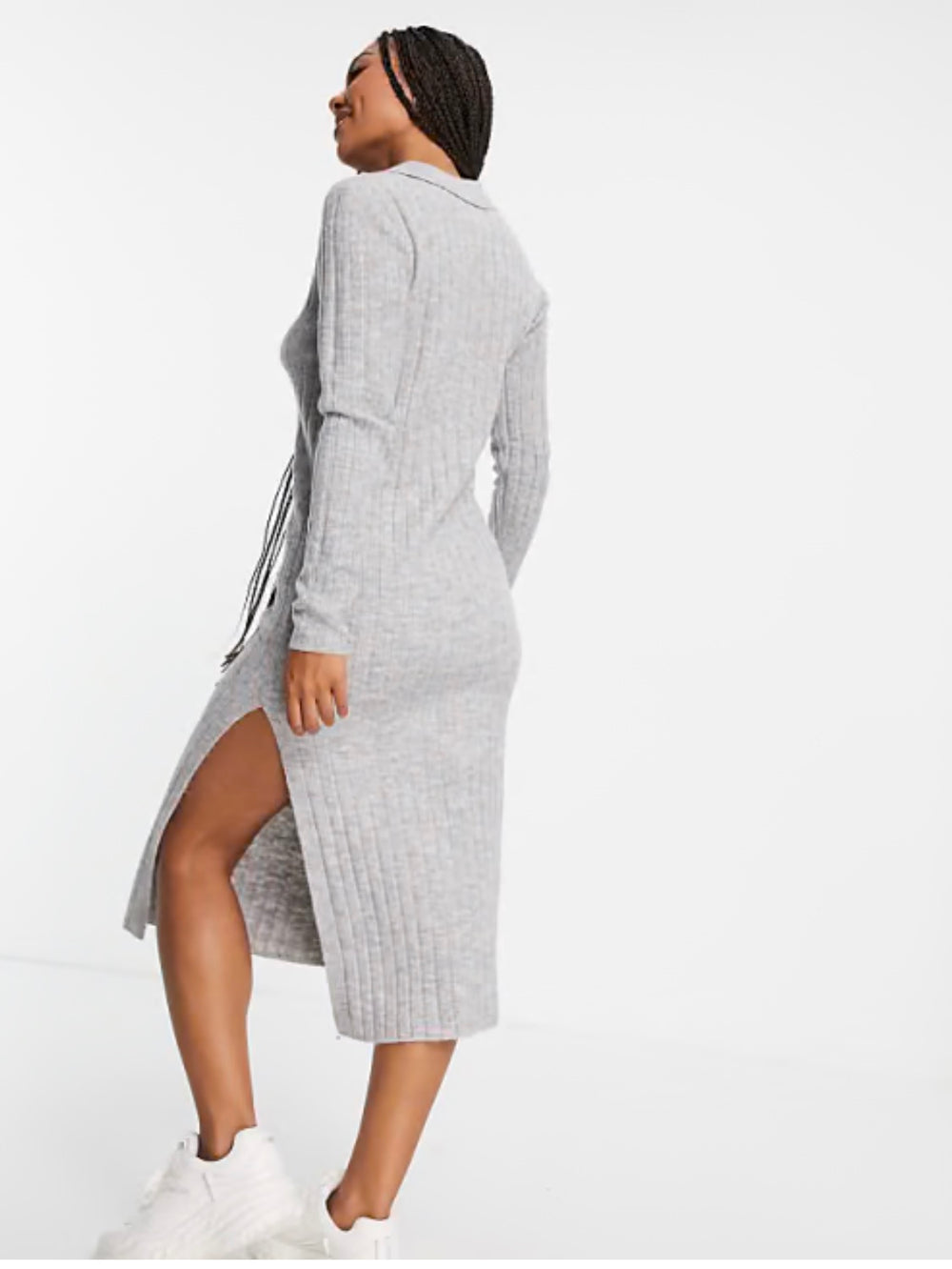 ASOS DESIGN stickad midiklänning med krage och knappar framtill i grått