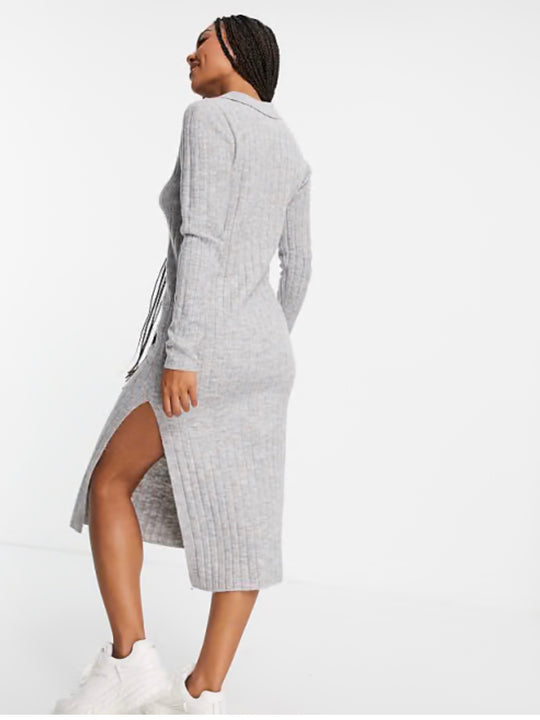 ASOS DESIGN stickad midiklänning med krage och knappar framtill i grått
