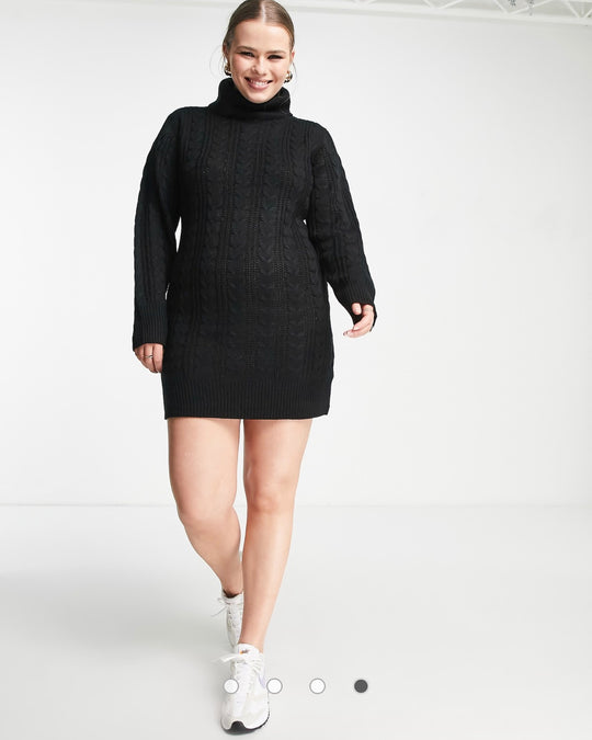 Brave Soul tiba roll neck cable knit dress in black