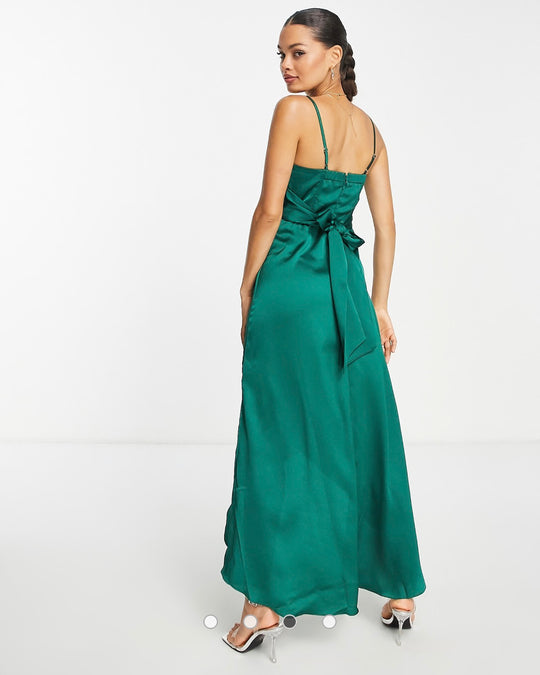 TFNC Petite Bridesmaid satin cami dress in emerald green