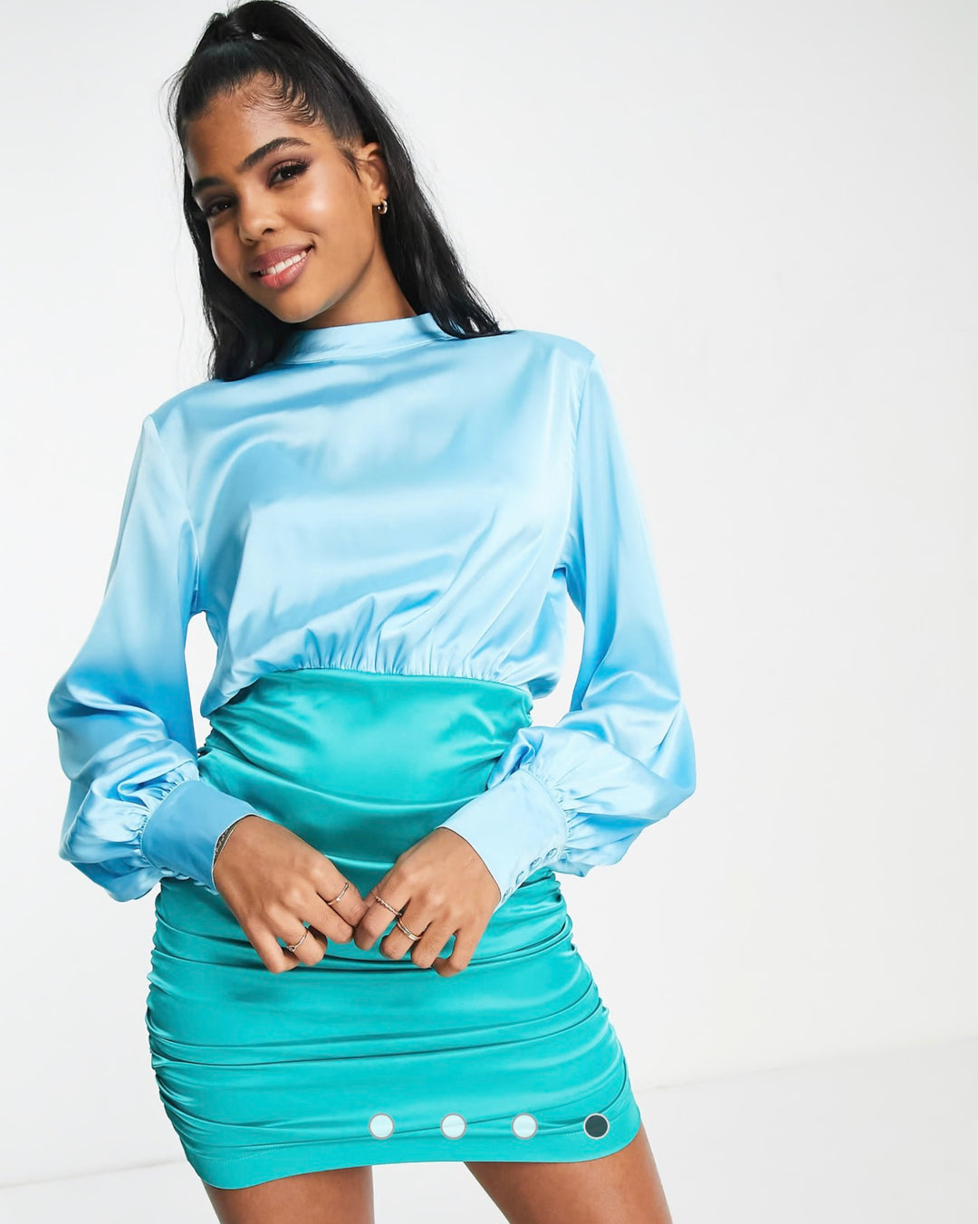 In The Style x Billie Faiers satin contrast high neck ruched skirt mini dress in blue multi