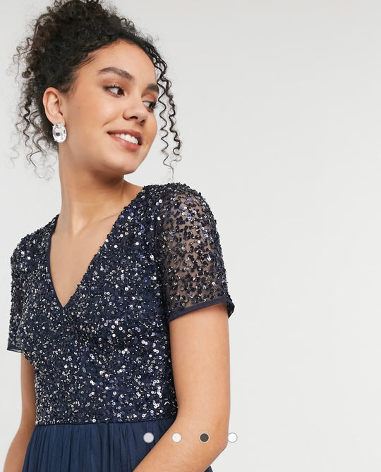 Maya Tall Bridesmaid v neck maxi tulle dress with tonal delicate sequin in navy