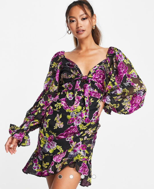 ASOS DESIGN tie front min dress with ruffle skirt in dark floral