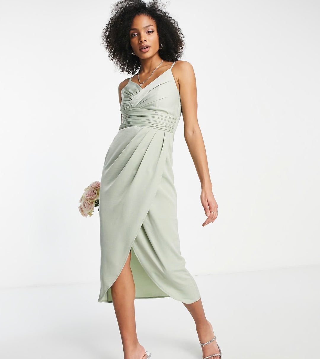 Little Mistress Bridesmaid satin wrap dress in sage green