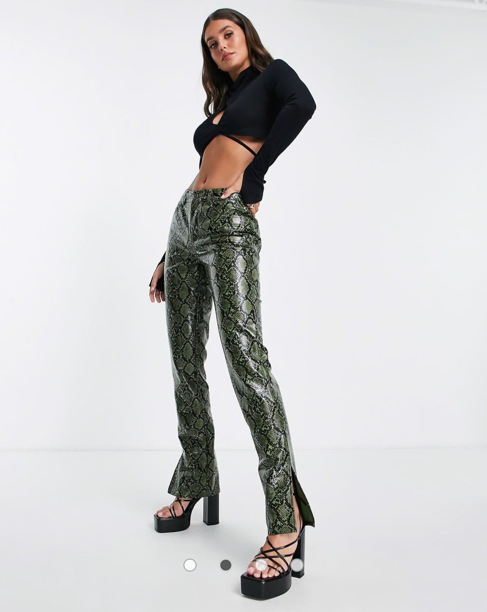 ASOS DESIGN Tall low rise leather look straight leg trouser in green snake