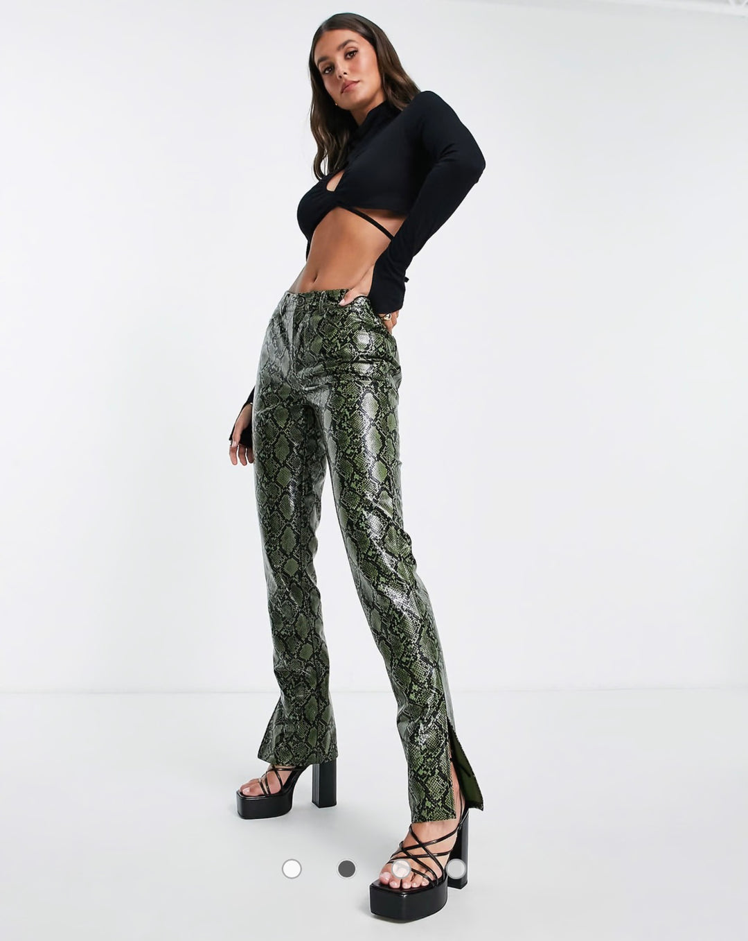 ASOS DESIGN Tall low rise leather look straight leg trouser in green snake