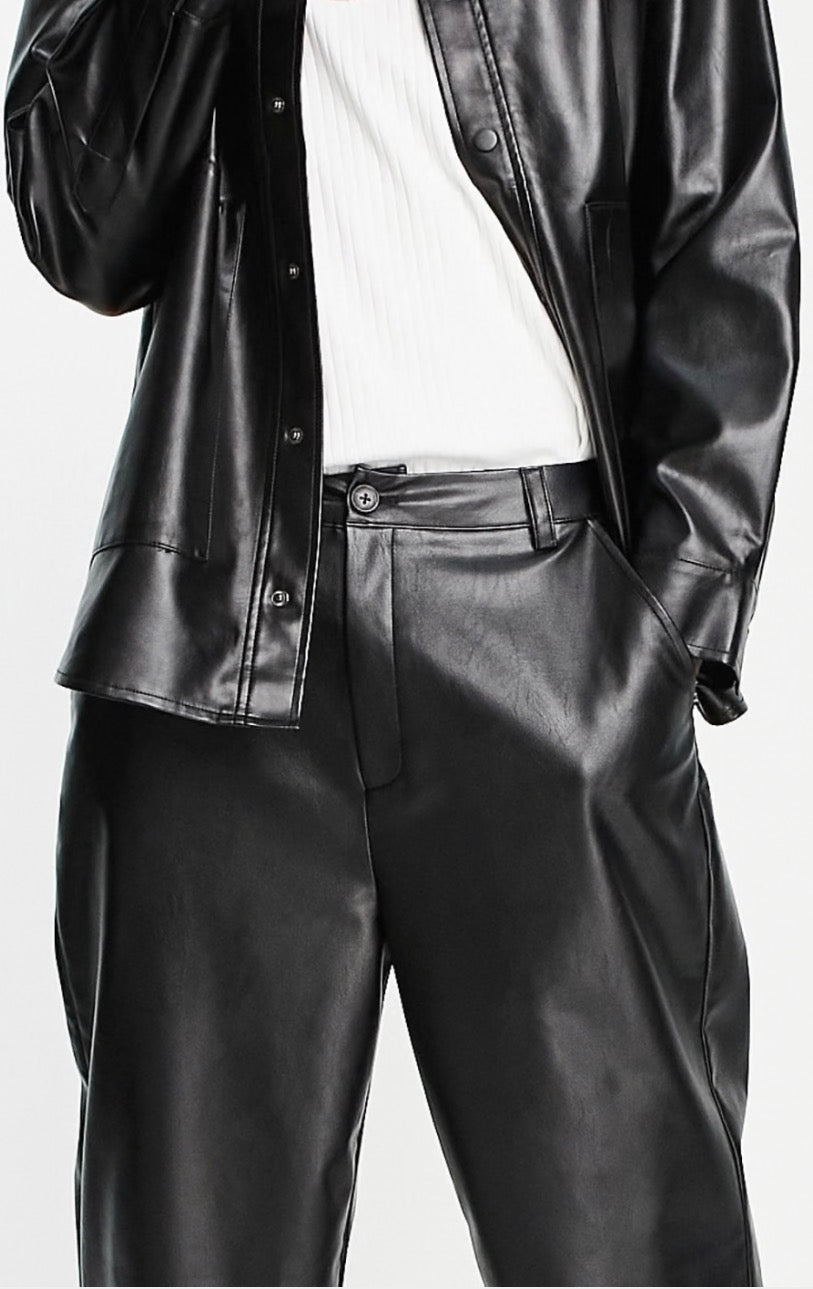 Reclaimed Vintage inspired leather look dad trousers in black