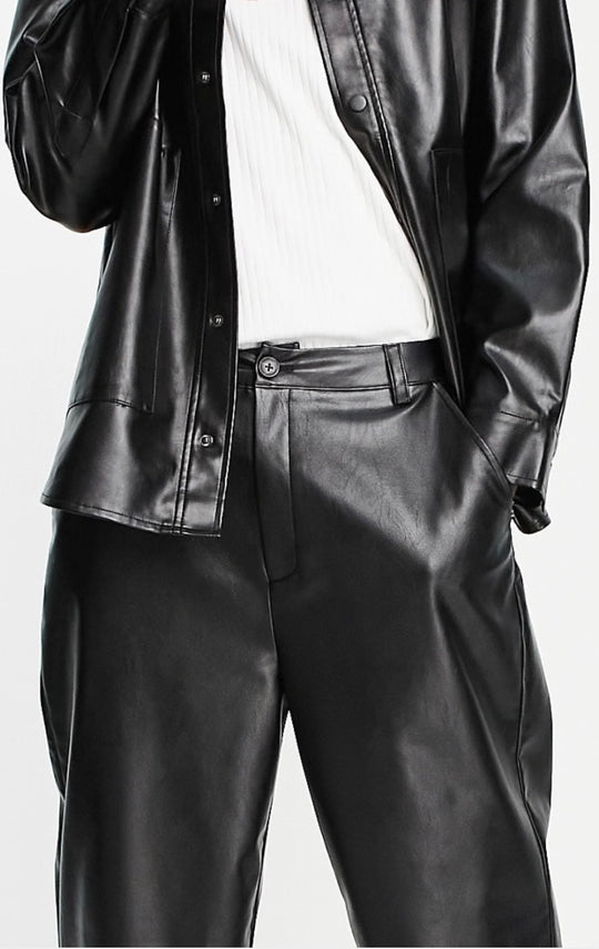 Reclaimed Vintage inspired leather look dad trousers in black