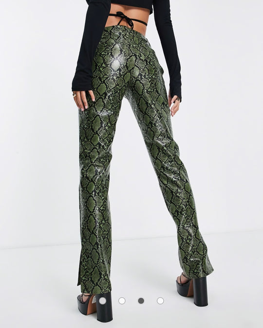 ASOS DESIGN Tall low rise leather look straight leg trouser in green snake