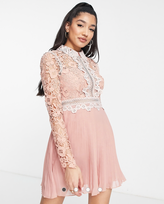 ASOS DESIGN lace mini dress with collar detail and pleated skirt