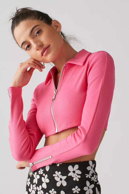 The Ragged Priest zip front collar detail crop top in pink