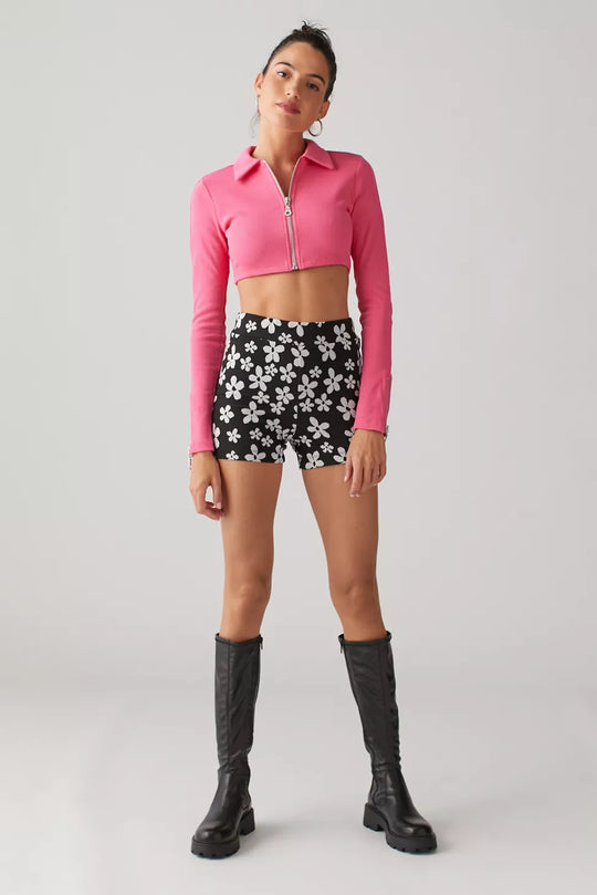 The Ragged Priest zip front collar detail crop top in pink