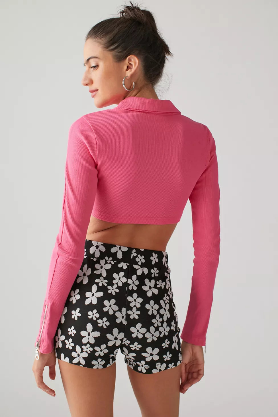 The Ragged Priest zip front collar detail crop top in pink