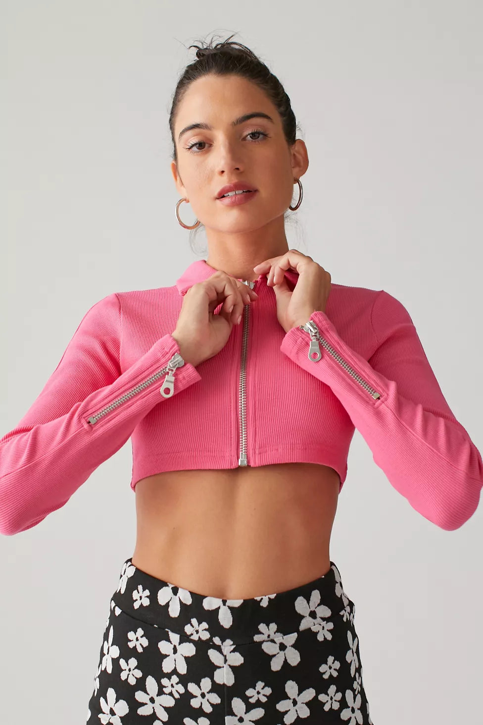 The Ragged Priest zip front collar detail crop top in pink