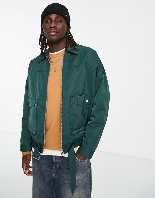 ASOS DESIGN oversized harrington with pockets and belt detail in green