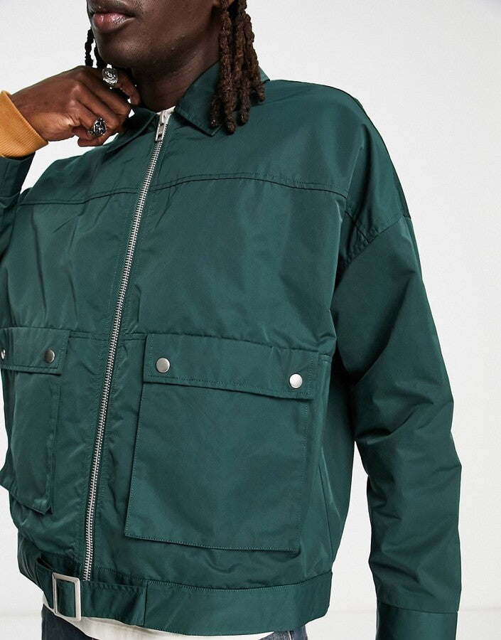 ASOS DESIGN oversized harrington with pockets and belt detail in green
