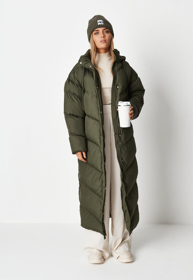 Missguided chevron-mallinen pitkä toppatakki, khaki