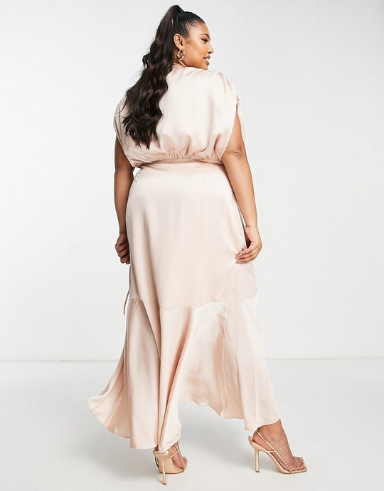 ASOS EDITION Curve satin wrap midi dress with ruched detail in blush
