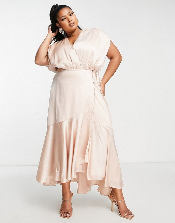 ASOS EDITION Curve satin wrap midi dress with ruched detail in blush