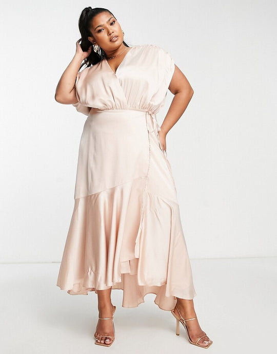 ASOS EDITION Curve satin wrap midi dress with ruched detail in blush