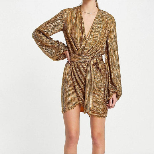 ASOS DESIGN embellished mini wrap dress with tie waist detail in orange