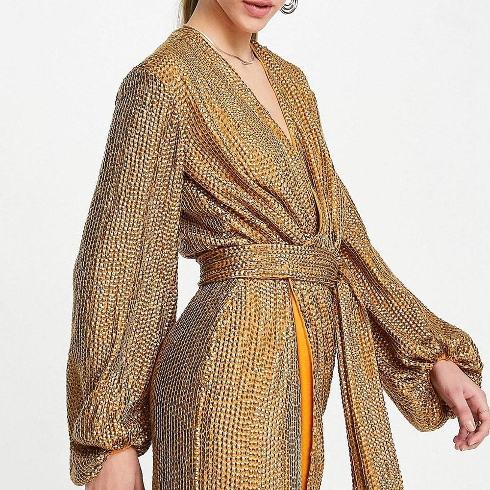 ASOS DESIGN embellished mini wrap dress with tie waist detail in orange