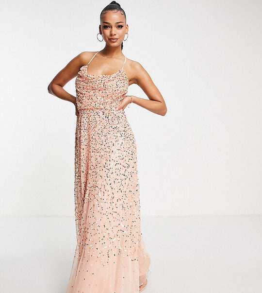 Starlet exclusive cowl neck sequin maxi dress in peach