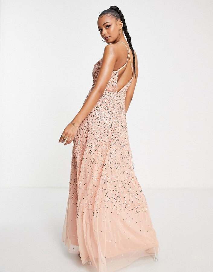 Starlet exclusive cowl neck sequin maxi dress in peach