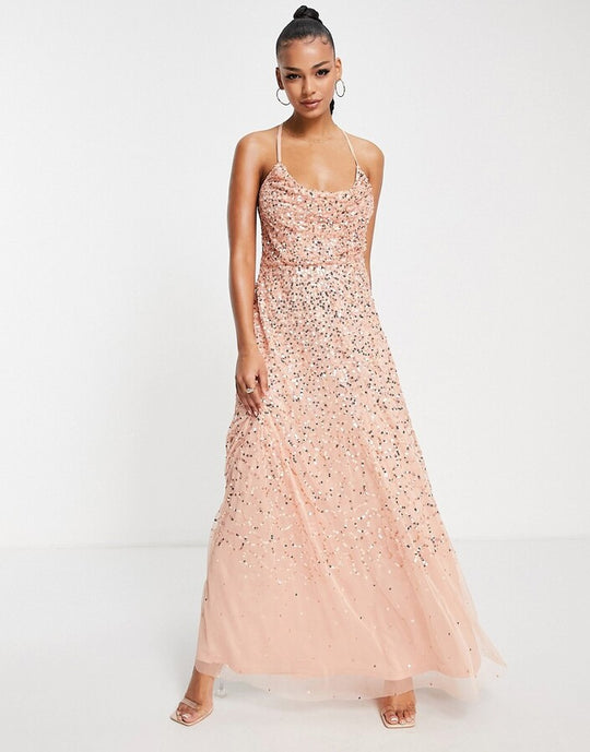 Starlet exclusive cowl neck sequin maxi dress in peach