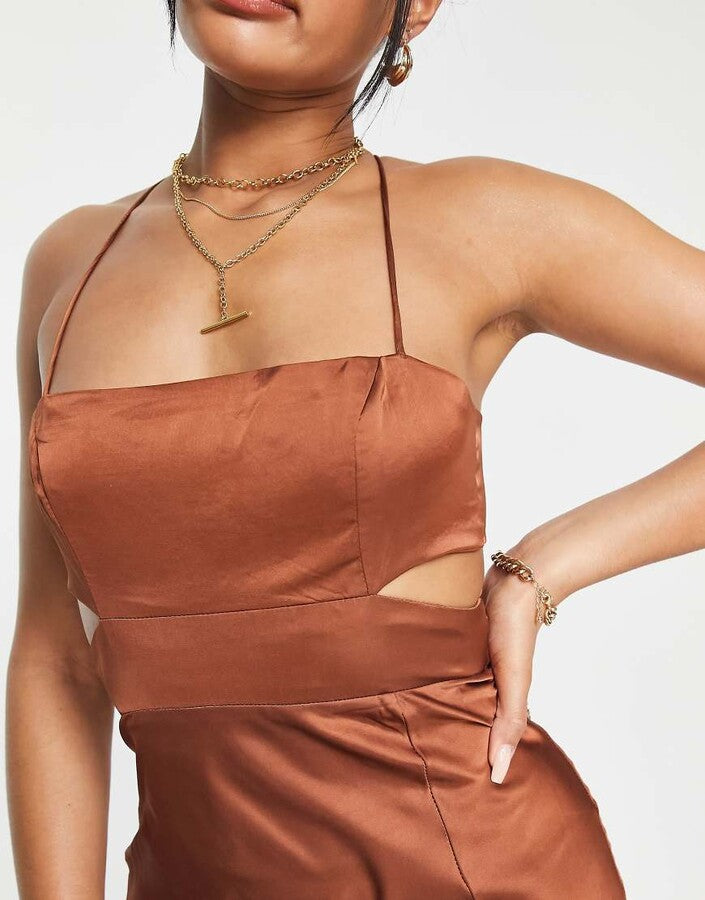 Parallel Lines square neck satin tie back midi dress in brown