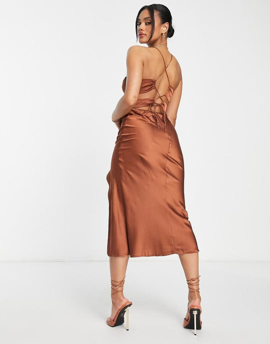 Parallel Lines square neck satin tie back midi dress in brown