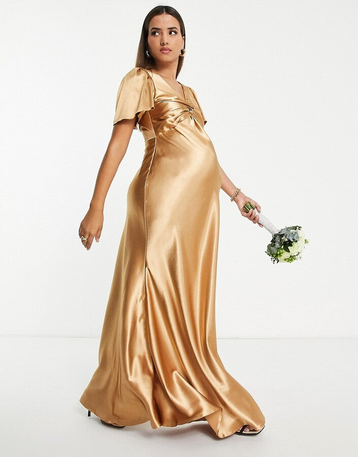 Little Mistress Maternity Bridesmaid tea dress in golden caramel