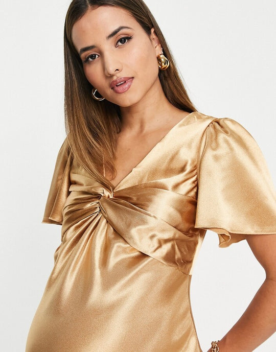 Little Mistress Maternity Bridesmaid tea dress in golden caramel