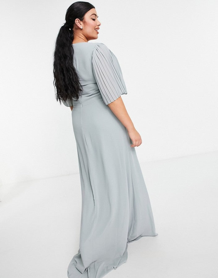 TFNC Plus bridesmaid sweetheart neck flutter sleeve maxi dress in sage