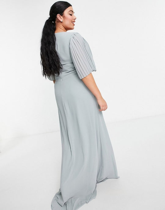 TFNC Plus bridesmaid sweetheart neck flutter sleeve maxi dress in sage