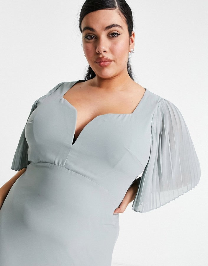 TFNC Plus bridesmaid sweetheart neck flutter sleeve maxi dress in sage