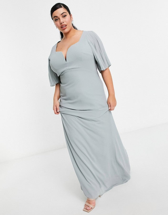 TFNC Plus bridesmaid sweetheart neck flutter sleeve maxi dress in sage