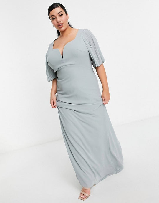 TFNC Plus bridesmaid sweetheart neck flutter sleeve maxi dress in sage