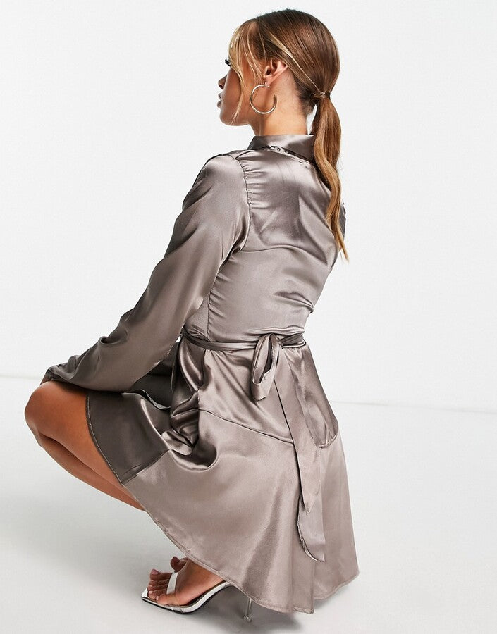 TFNC satin wrap mini dress in mink