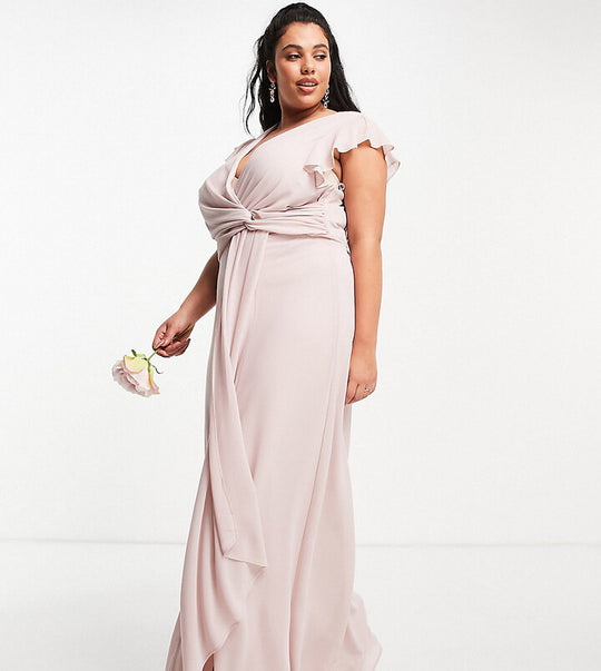 TFNC Plus Bridesmaid flutter sleeve ruffle detail maxi dress in mink
