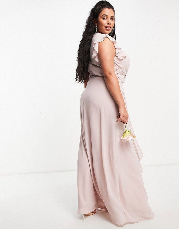 TFNC Plus Bridesmaid flutter sleeve ruffle detail maxi dress in mink