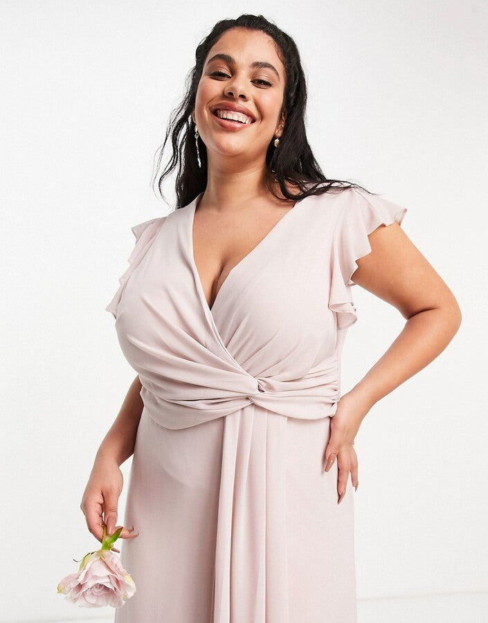 TFNC Plus Bridesmaid flutter sleeve ruffle detail maxi dress in mink